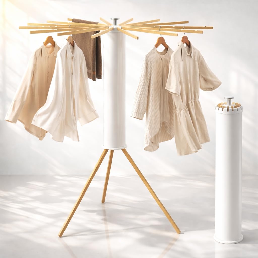 BAZANADI Heavy-Duty Wooden Tripod Clothes Drying Rack, 16 Rods, Large Capacity, 360° Airflow Umbrella Dryer, Foldable Space-Saving Floor Stand for Indoor Outdoor Use
