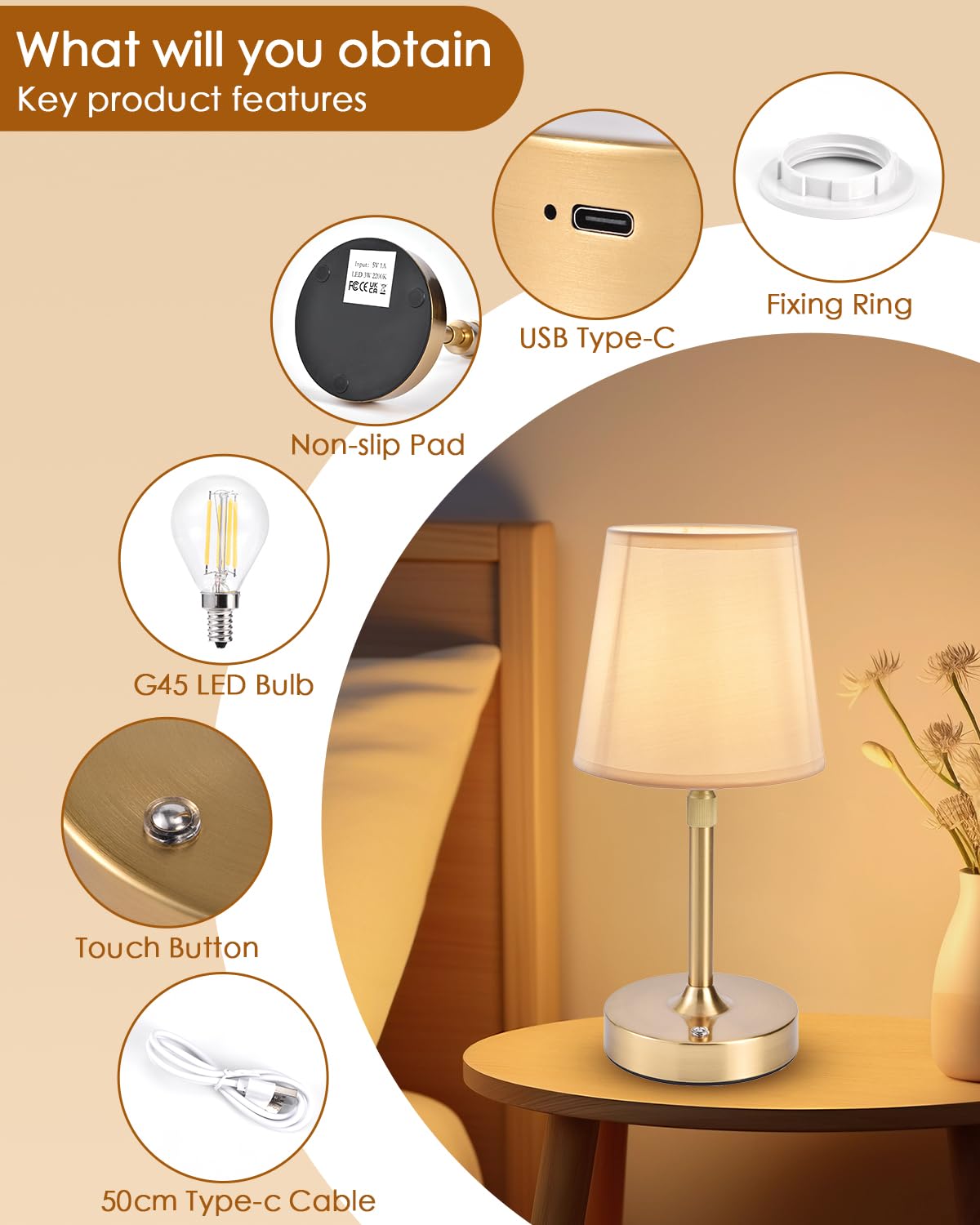 Cordless Table Lamps Rechargeable Wireless Touch Lamp for Living Room 5200mAh Battery Operated Lamp Small Gold LED Lamps for Kitchen Counter Home Bathroom Nightstand Shower Gifts for Dad Mom