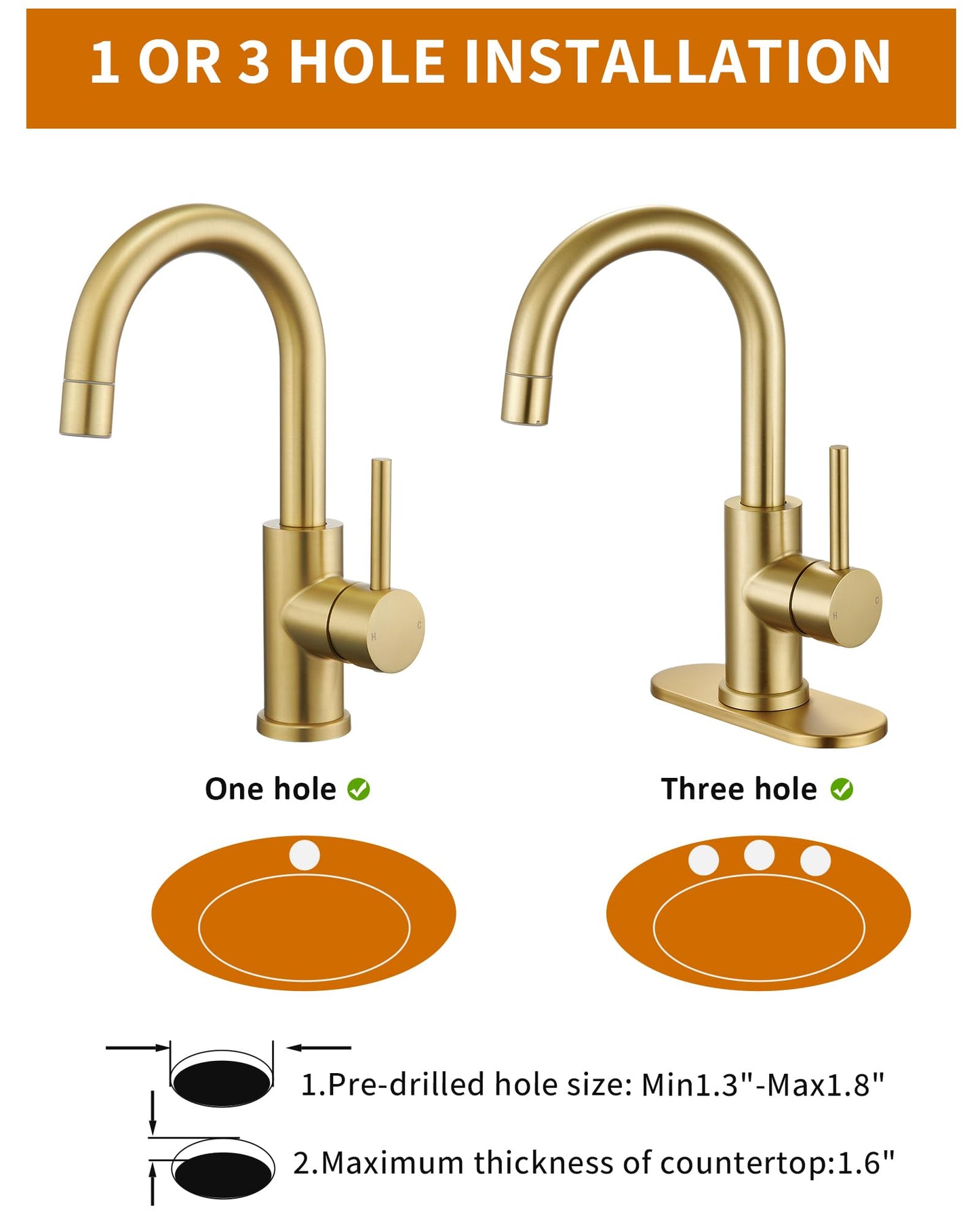 Tohlar Gold Bathroom Faucet, Brushed Gold Wet Bar/Pre-Kitchen Faucet for Sink 1 or 3 Hole, Bathroom Sink Faucet with Deck Plate and Sprayer, Single Handle Bar Sink Faucet with Pop Up Drain