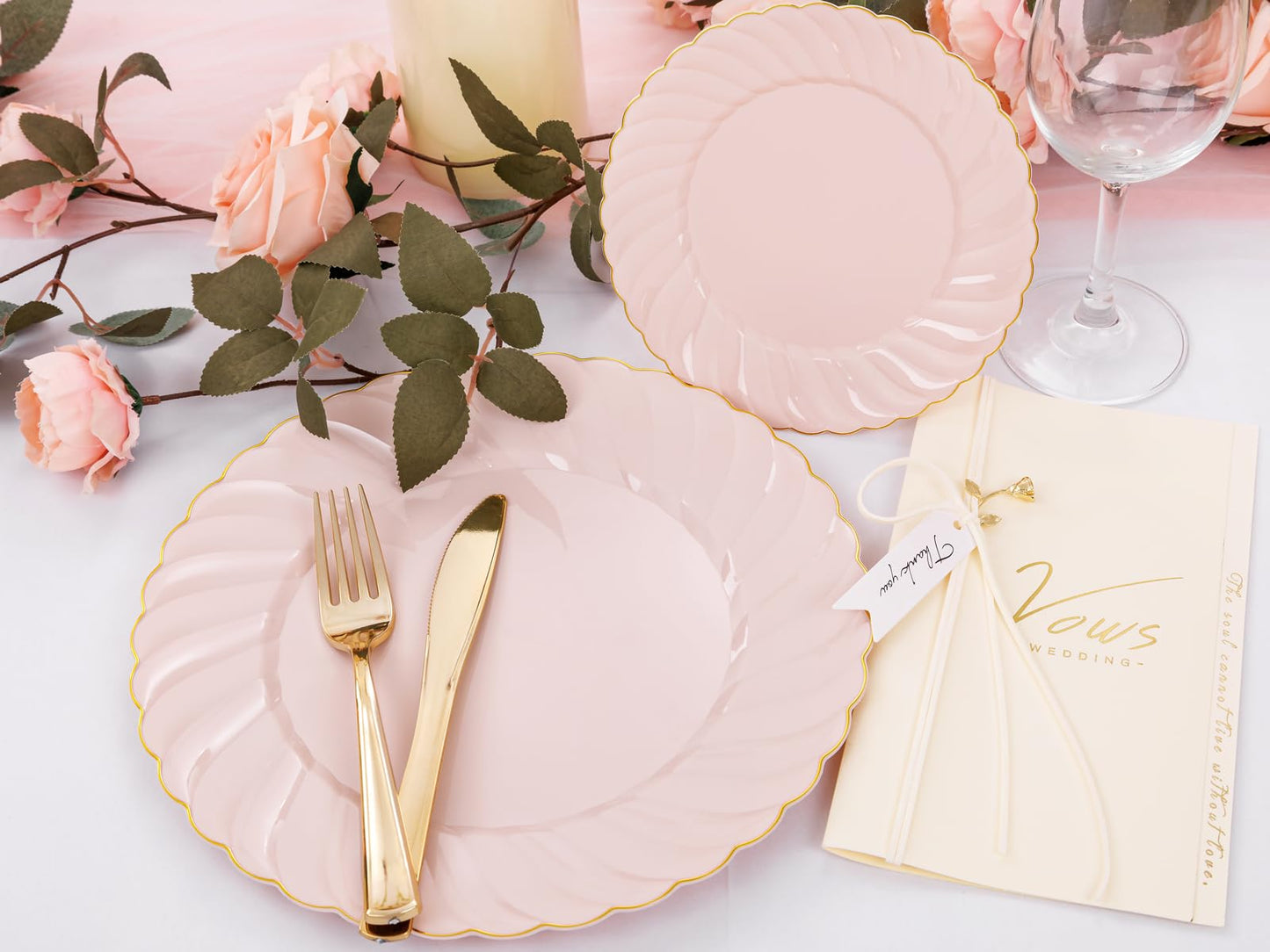 YOUBET 125Pieces Pink Plastic Plates with Gold Rim-Gold Plastic Silverware Include 25 Dinner Plates 25 Dessert Plates 75 Gold Silverwares for Wedding Birthday & Parties