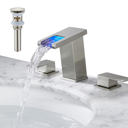 Kyatinsal LED Light Widespread Faucet for 3 Hole Brushed Nickel, 8 inch Widespread Modern Waterfall Bathroom Faucet with Pop Up Drain and Supply Hose, Waterfall Bathroom Sink Faucet Vanity Faucet