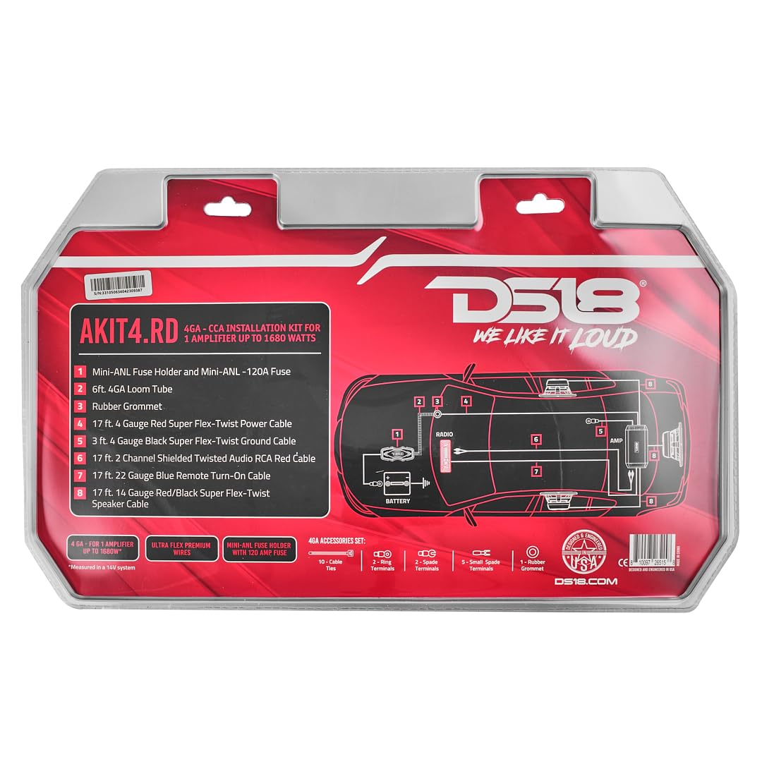 DS18 AKIT4.RD 4-GA Amplifier Installation Kit Up to 1680 Watts RMS, Mini-ANL Fuse Holder, Speaker & RCA Cables, CCA Amplifier Wiring Kit, Ultra Flex Wire, Amp Wire Kit, Amp Wiring Kit 4 Gauge - Red