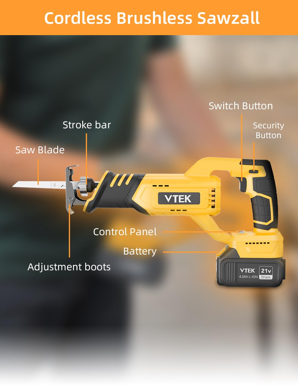 VTEK Brushless Cordless Reciprocating Saw,3 Level Speed Setting,Cordless Power Reciprocating Saw,0-3000RPM Reciprocal Saw,Reciprocating Saws for Woods/Metal/Plastic/Brick Cutting