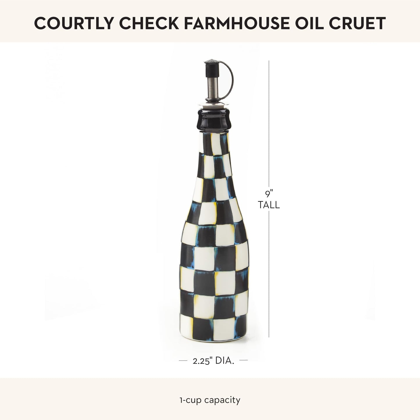 MACKENZIE-CHILDS Farmhouse Oil Cruet, Ceramic Oil-Dispenser Bottle, Black-and-White Courtly Check