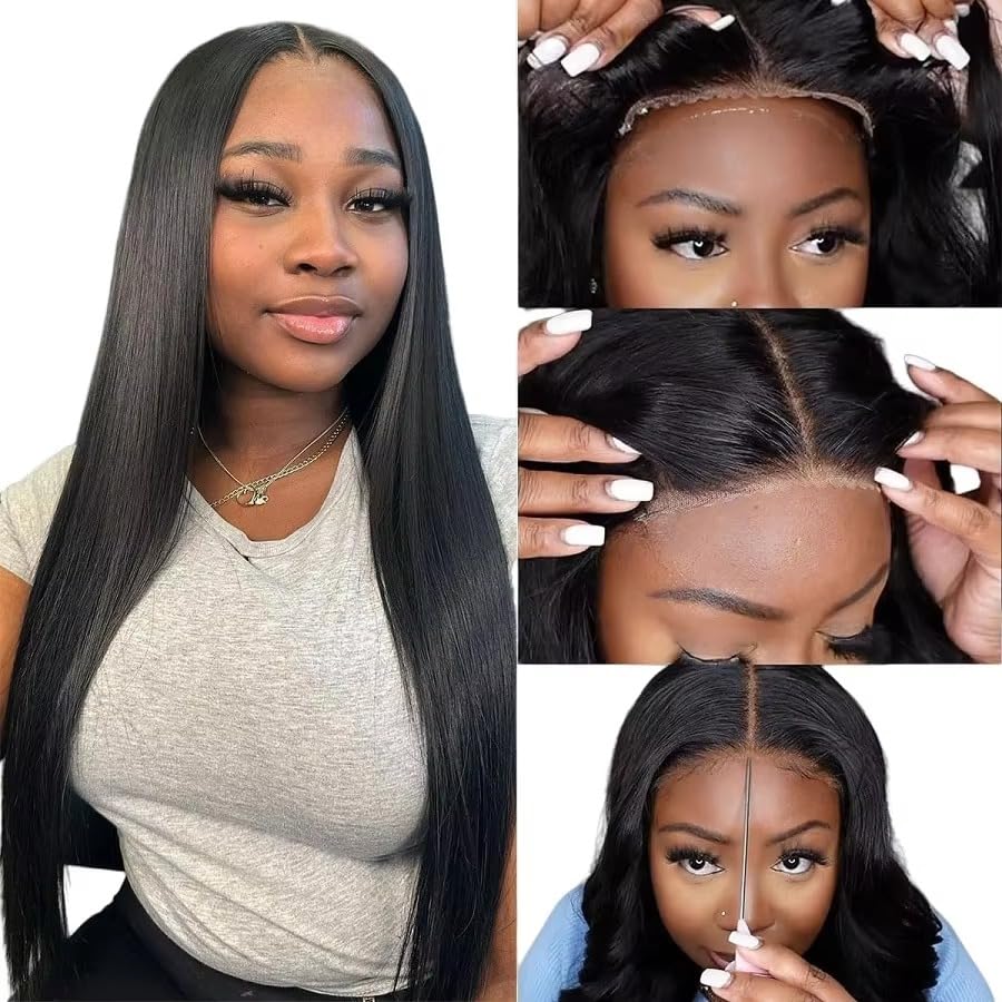 JUBOTIN 26 Inch Straight Glueless Wigs 100% Human Hair Bleached Knots Upgraded Lace Front Wigs Pre Cut Straight 6x4 Glueless Lace Closure Wigs for Women 180% Density Invisible Melt Skin