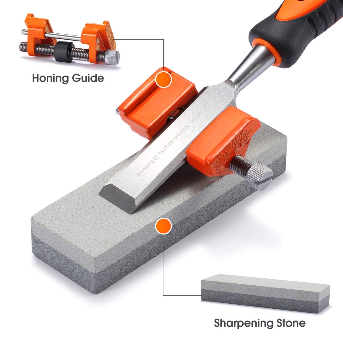REXBETI 10pcs Premium Wood Chisel Set, 6pcs Wood Chisel with 1 Honing Guide, 1 Sharpening Stone and 2 Carpenter Pencils, Heat-Treated Cr-V Alloy Blades