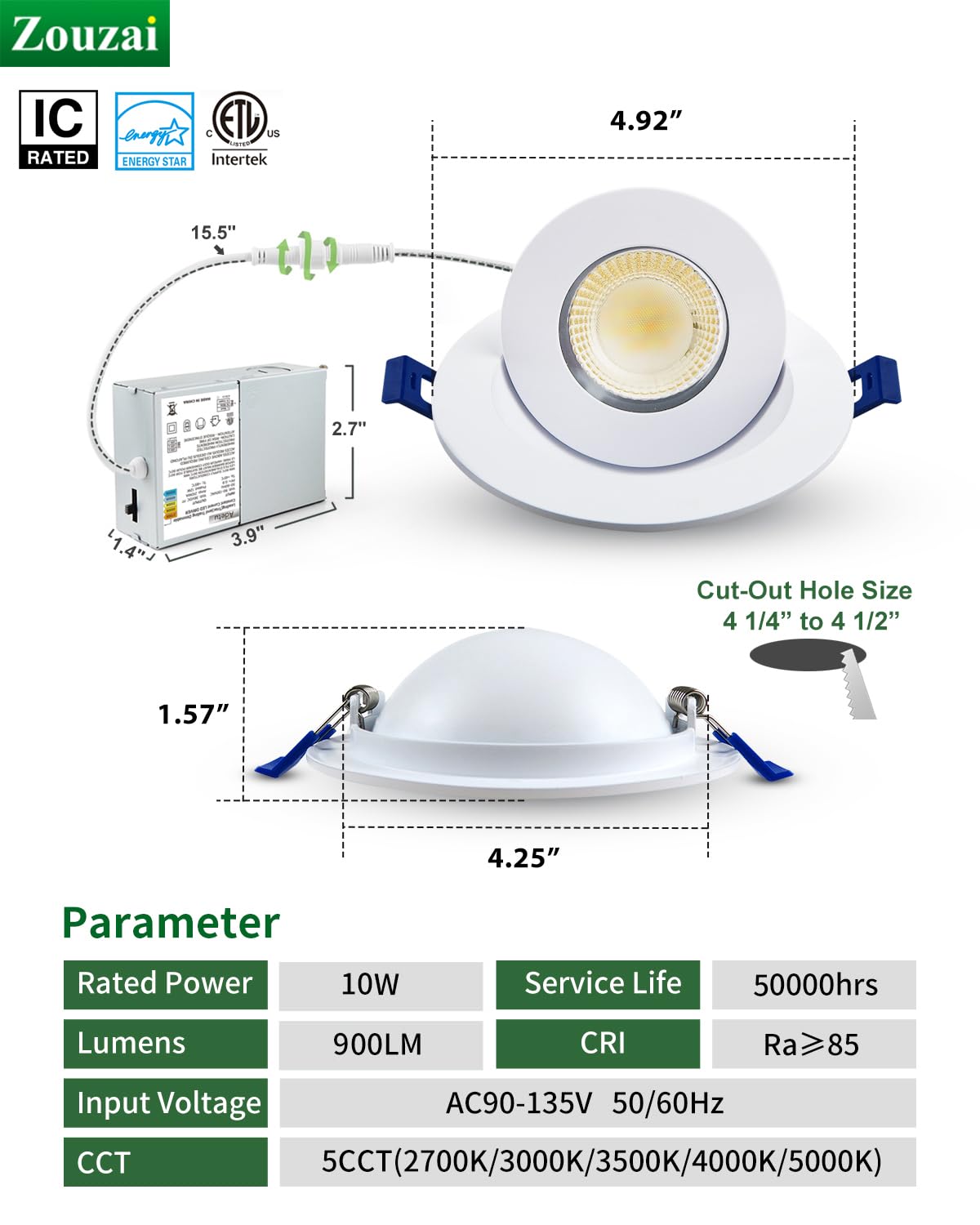 zouzai 4 inch 5CCT Adjustable Gimbal LED Recessed Light, 360°+90° Directional, Dimmable, Decorative Lighting for Home and Commercial, Ambient Lighting, Displays, Sloped Ceilings, 6-Pack White ETL