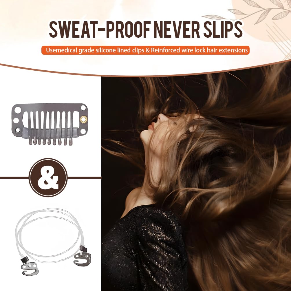 Invisible Wire Hair Extensions Real Human Hair - 16 Inch 80G Jet Black Transparent Fish Line Clip-Ins Hair Piece, 100% Remy Human Hair Extensions for Women