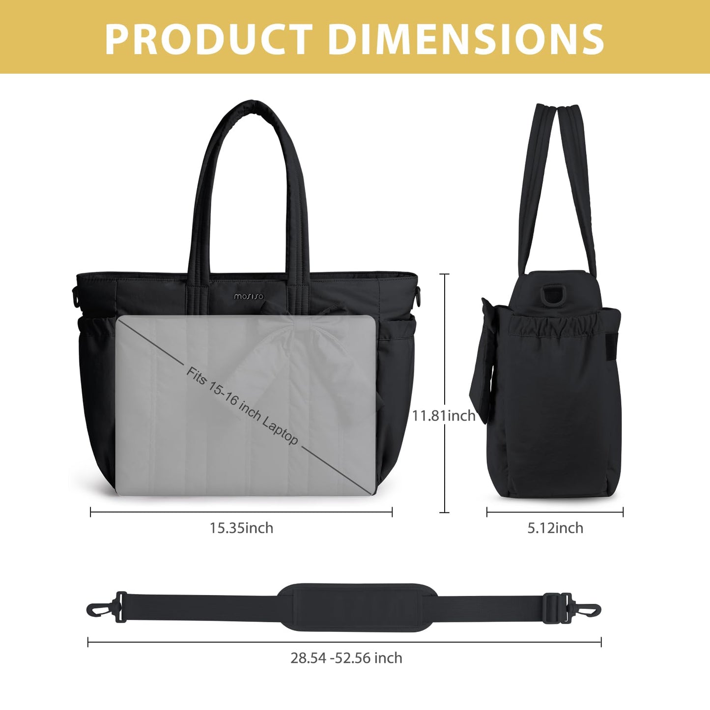 MOSISO Tote Bag for Women, Laptop Bags Handbag Work Tote Bag with Cup Holder & Bownot & 15-16 inch Laptop Compartment for Travel Work School, Lightweight Puffer Tote Bags with Trolley Sleeve, Black