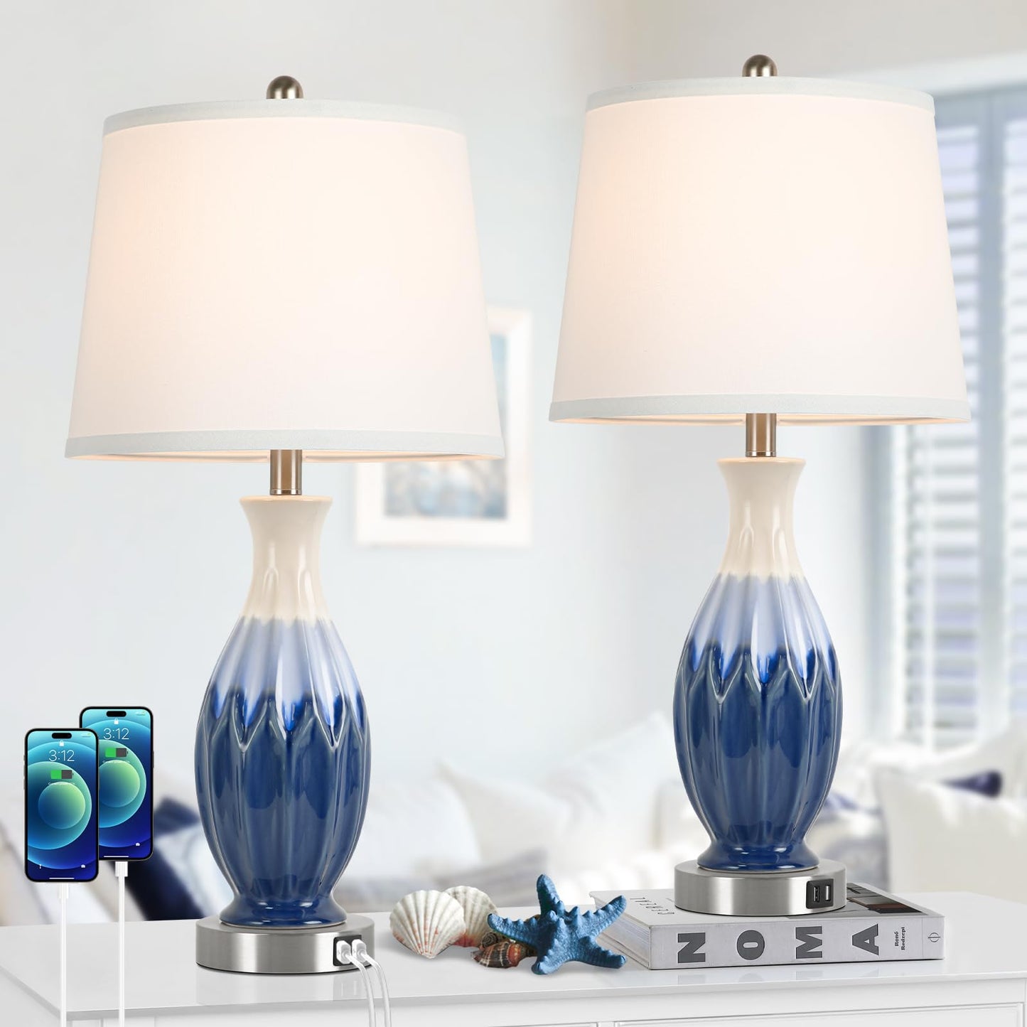 28” Tall Table Lamps Set of 2, Ceramic Navy Blue Bedside Lamps with USB Ports, Coastal Lamp with White Fabric Shade, Large Bedroom Table Lamps for End Table Living Room Nightstand
