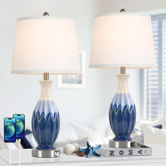 28” Tall Table Lamps Set of 2, Ceramic Navy Blue Bedside Lamps with USB Ports, Coastal Lamp with White Fabric Shade, Large Bedroom Table Lamps for End Table Living Room Nightstand
