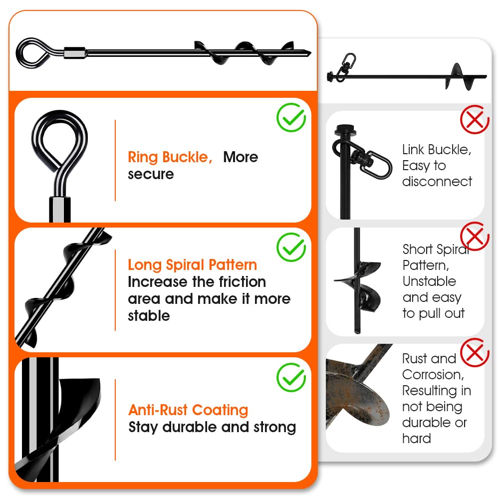 Ground Anchors, Trampoline Anchors Heavy Duty Screw in Ground Anchors 8Pack，Tent Stakes for Camping Tent, Trampoline, Canopies, Carports, Sheds, Swing Sets,14in Ground Anchors for High Winds, Black