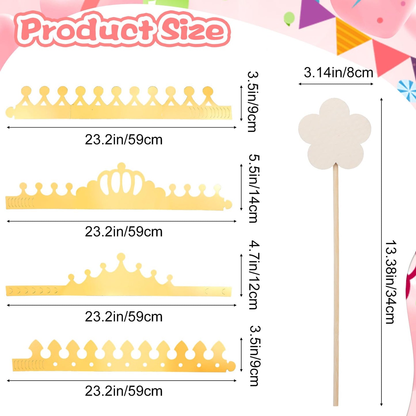 52pcs Princess Fairy Wands Kit,Make Your Own Princess Wand Include 18 Pieces 6 Styles Unfinished Wooden Princess Wand,Gold Paper Crowns, Gem Stickers, Letter and Number Stickers, Princess Art Magical