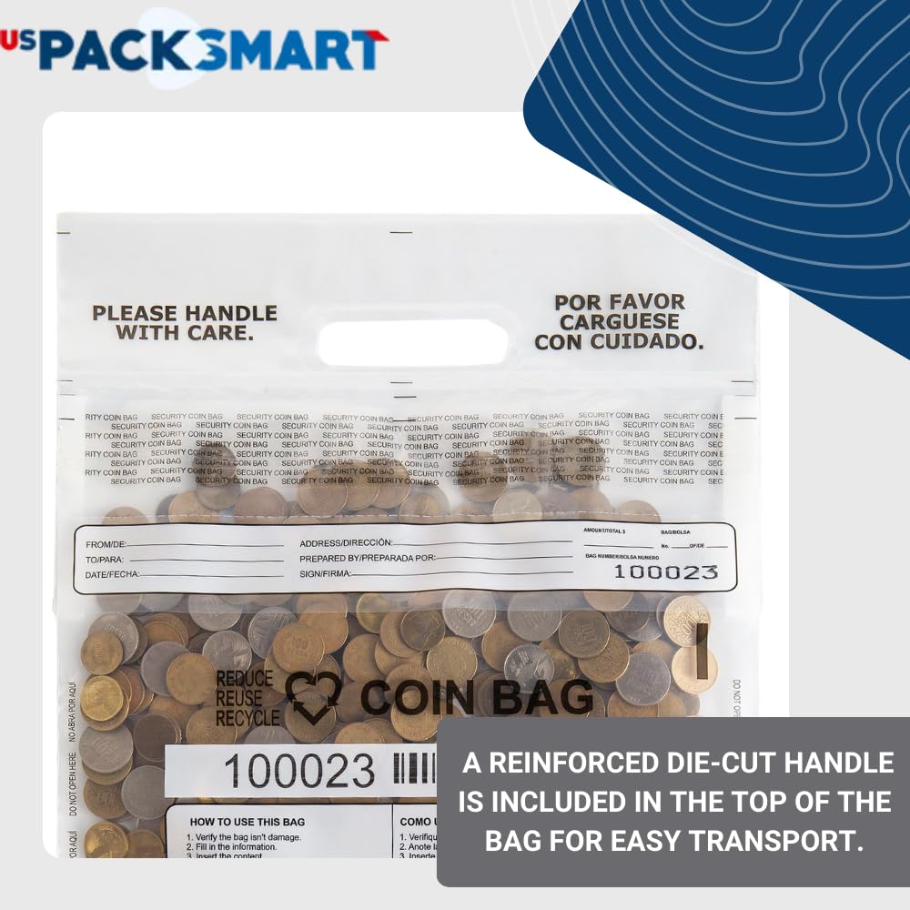 USPACKSMART Clear Plastic Coin Bag 12.5" x 21.5" | 50 lb. Capacity | Sequential Barcode Number, Self-Sealing, Permanent Adhesive | Ideal for Handling and Transport of Coins and Casino Chips | 50-Pack