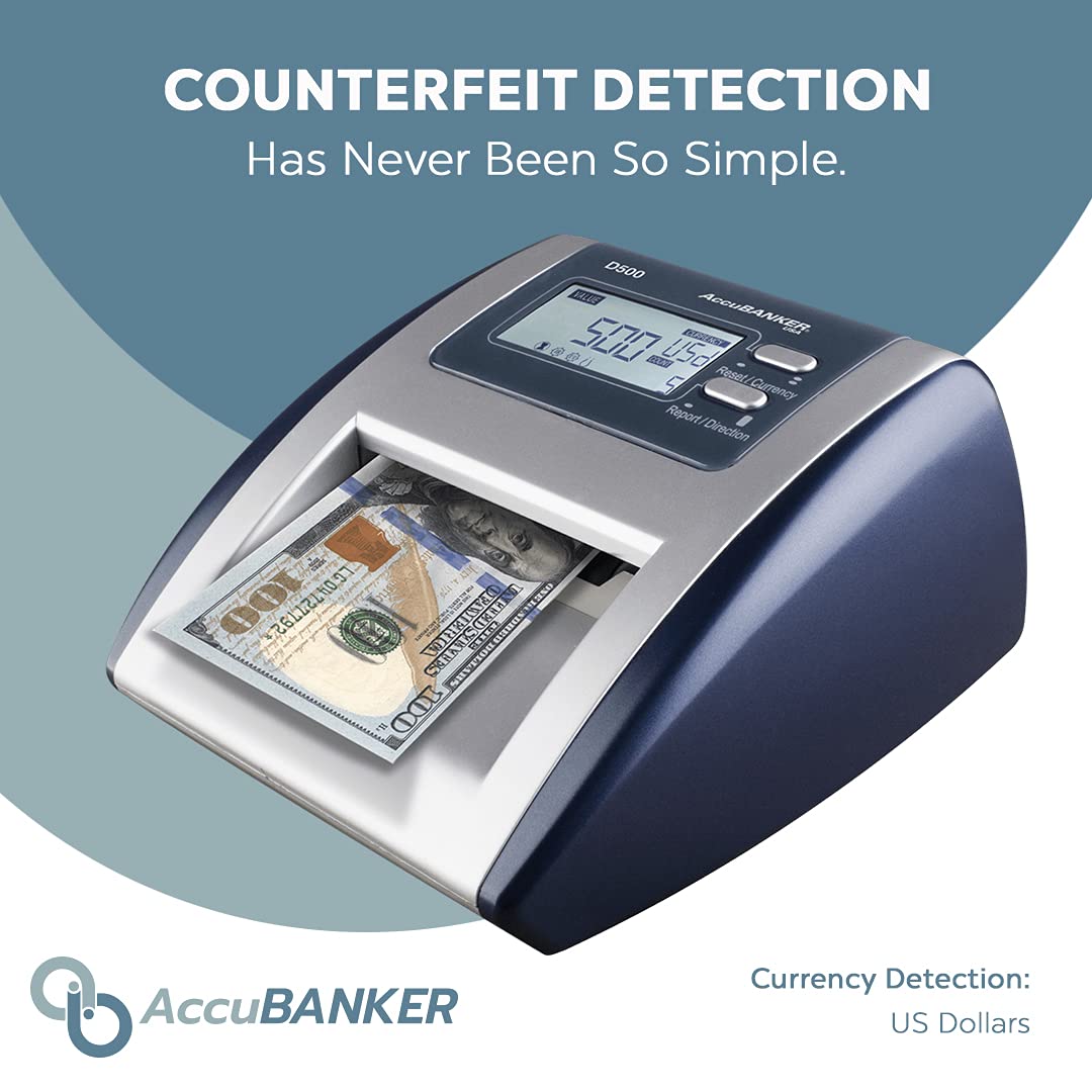 AccuBANKER D500 5-Point Automatic Counterfeit Money Bill Detector & Value Detection Machine with Infrared, Magnetic, Watermark, Dimension Detection & Ultraviolet Sensors, Commercial Grade, UL Listed