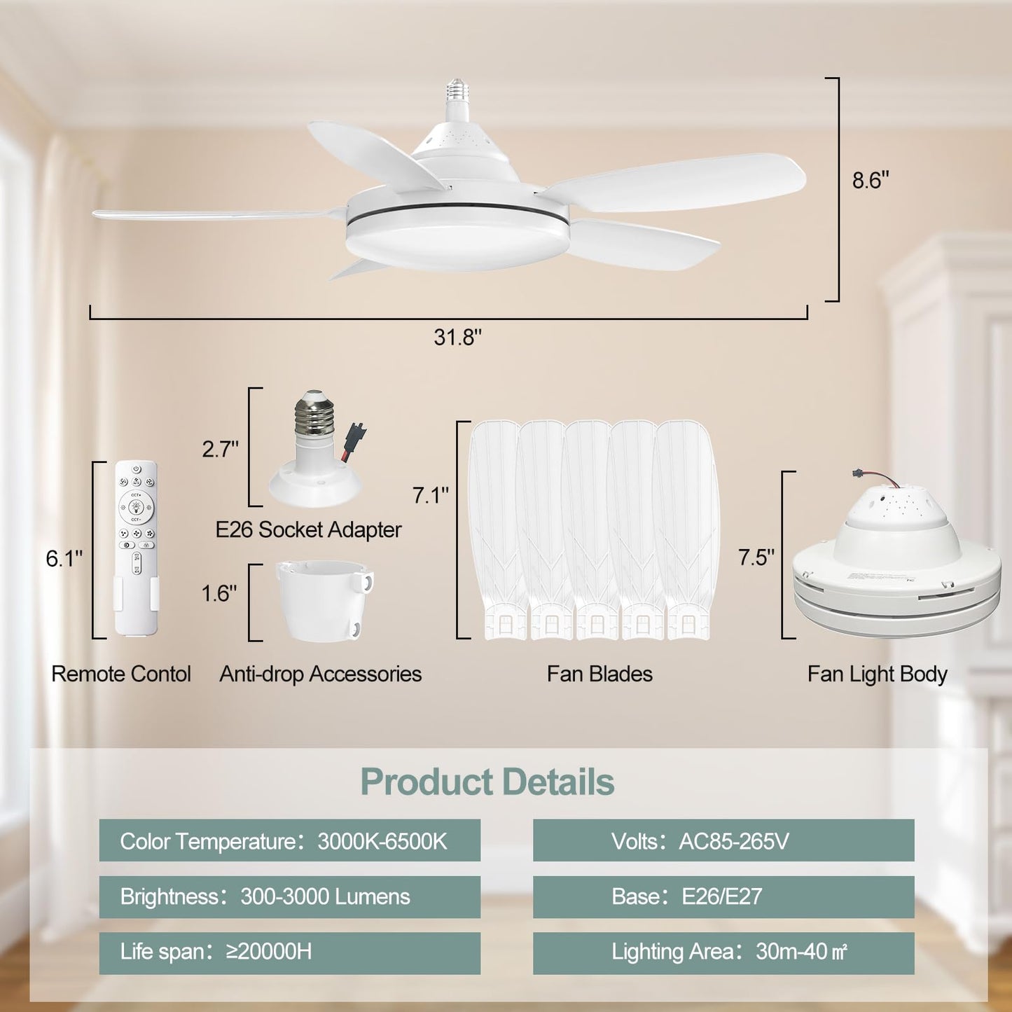 WZZIW 32" Socket Fan Light, 3000 Lumens Small Ceiling Fans with Lights and Remote, E26/E27 Light Bulb Fan with Reversible Motor, Dimmable 3000K-6500K Light Socket Fan for Bedroom Kitchen Garage
