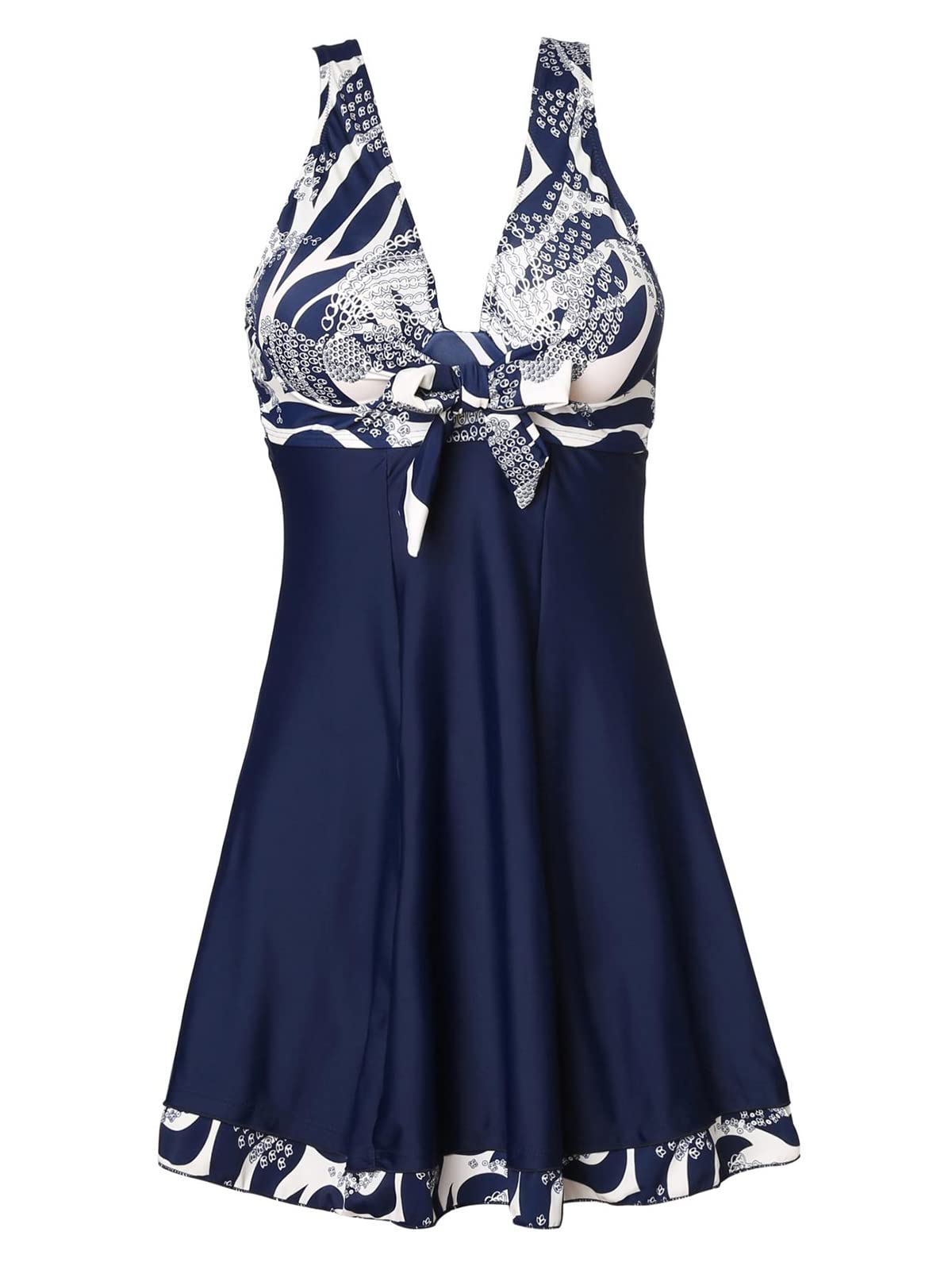 MiYang Women's One Piece High Waist Padded Swim Dress Navy Flower XXX-Large