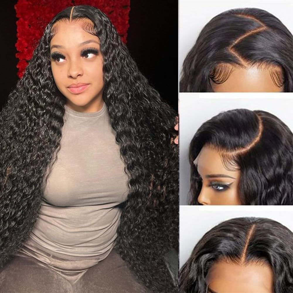 UFHUFH 28inch Deep Wave Lace Front Wigs Human Hair 13x4 Curly Human Hair Wig Pre Plucked with Baby Hair HD Transparent Lace Frontal Hair 200% Density Glueless Wet and Wavy Human Hair Wigs