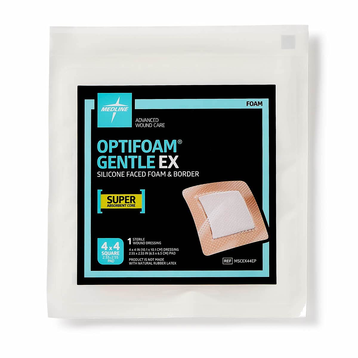 Medline Optifoam Gentle EX Bordered Foam Adhesive Dressing, 4" x 4" Square (10 Count)