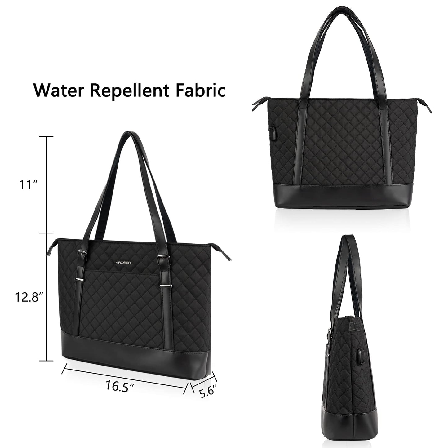 KROSER Laptop Tote Bag 15.6 Inch with USB Port, Large Work Tote Bag Computer Shoulder Bag for Women, Laptop Case for Office Business Travel(Quilted)