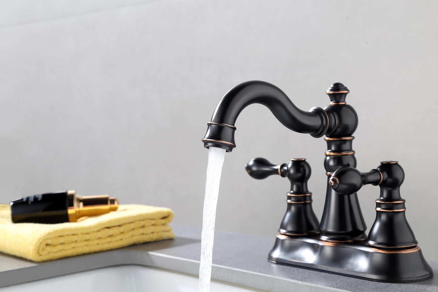 Derengge Two Handle Oil Rubbed Bronze Bathroom Sink Faucet 3 Hole with Pop up Drain Assembly, Classic 4 Inch Centerset Bathroom Lavatory Faucet with 360° Swivel Spout,EW-516-NB