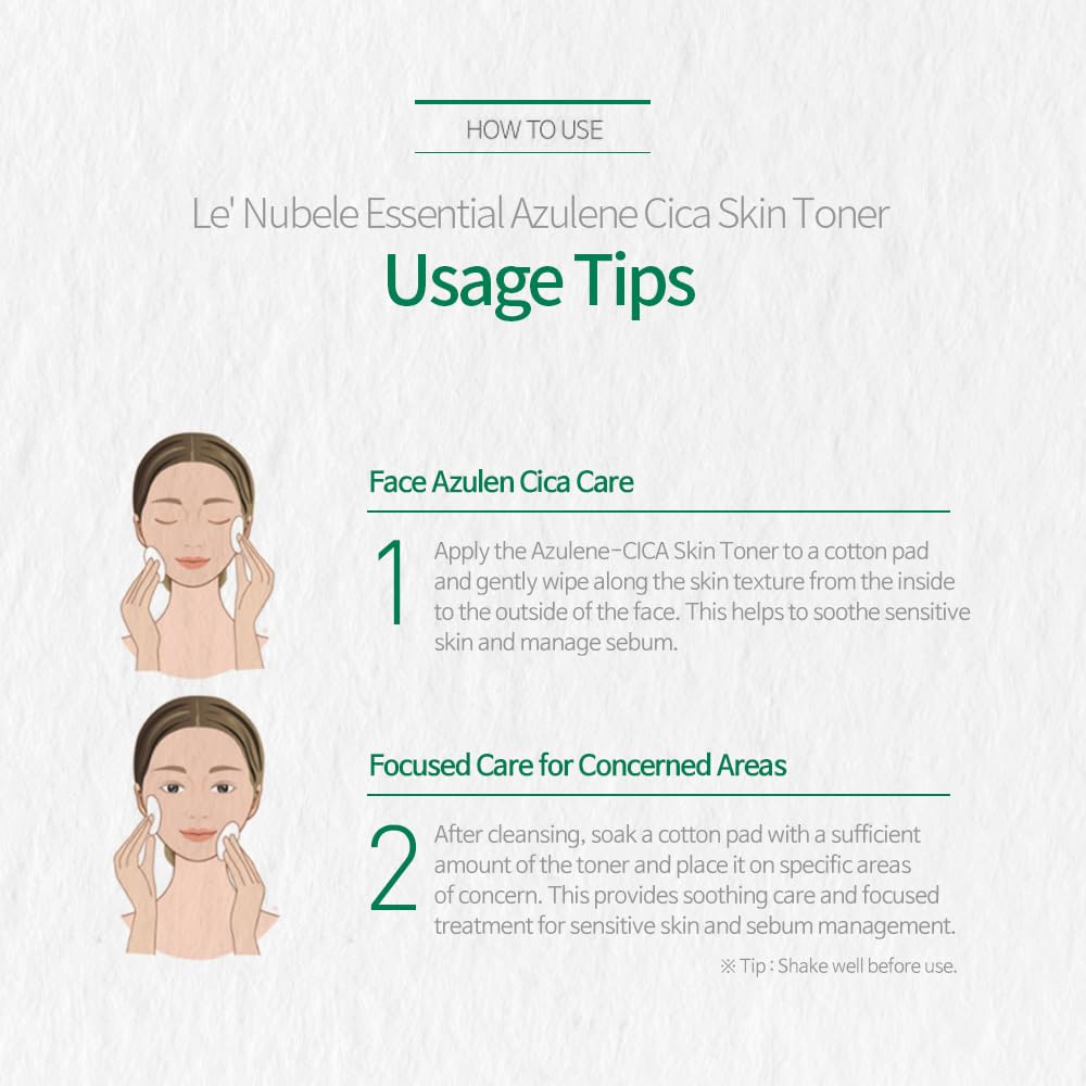 Le Nubele Azulene CICA Skin Toner | Daily Soothing Toner for Sensitive Skin with 600ppm Azulene & 5000ppm Centella Asiatica | Hydrating & Moisturizing Formula | 4.05 fl. oz (120ml)