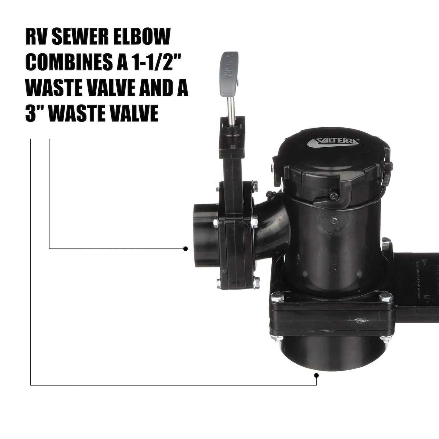 Valterra San Tee Double Rotating Valve, Mess-Free Waste Valve for RV's, Campers, Trailers, 3" x 1.5" Hub