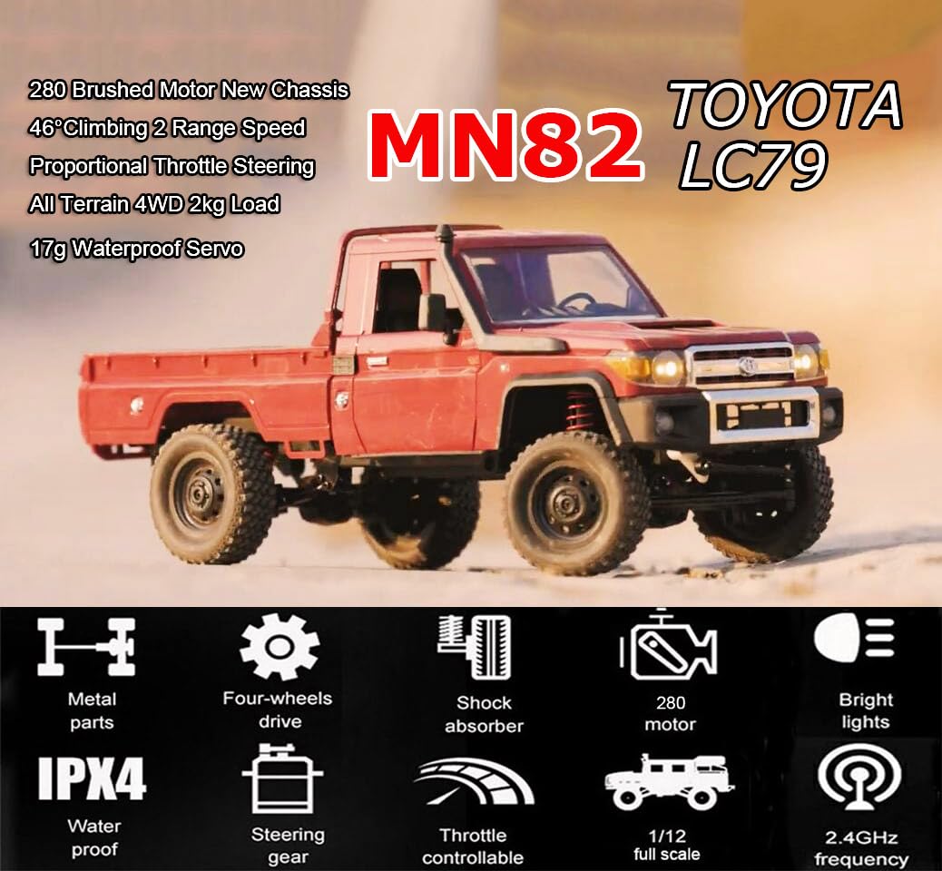HLSFWDRIVE RC Rock Crawler RC Truck 4x4 Toyota LC79 RC Crawler 1/12 Off Road Pickup Remote Control 2.4Ghz All Terrain 280 Brushed Motor Proportional Throttle Steering RTR Hobby Toy Adult MN-82