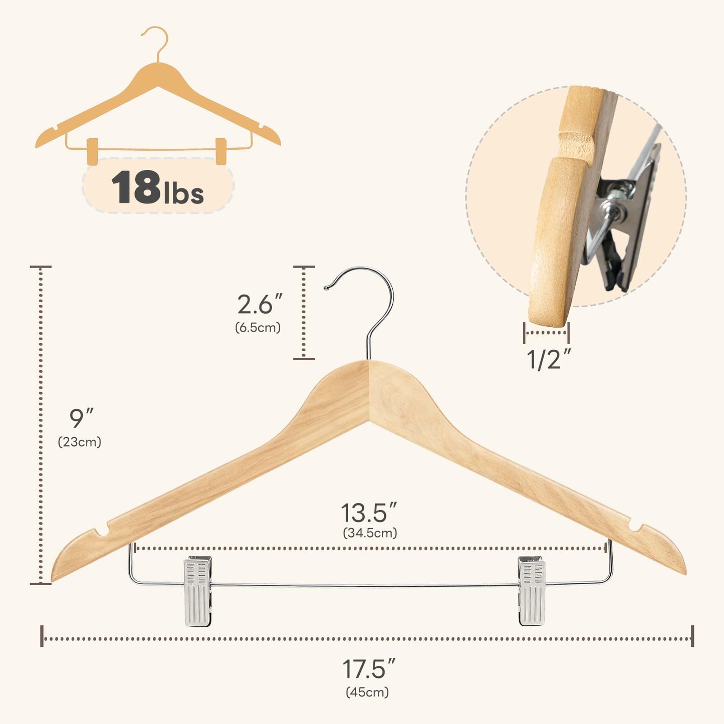 HOUSE DAY 24 Pack High-Grade Wooden Suit Hangers Skirt Hangers with Clips Solid Wood Pants Hanger Natural Smooth Finish Premium Wood Hanger with Durable Metal Clips for Blouse, Dress, Coat, Jacket