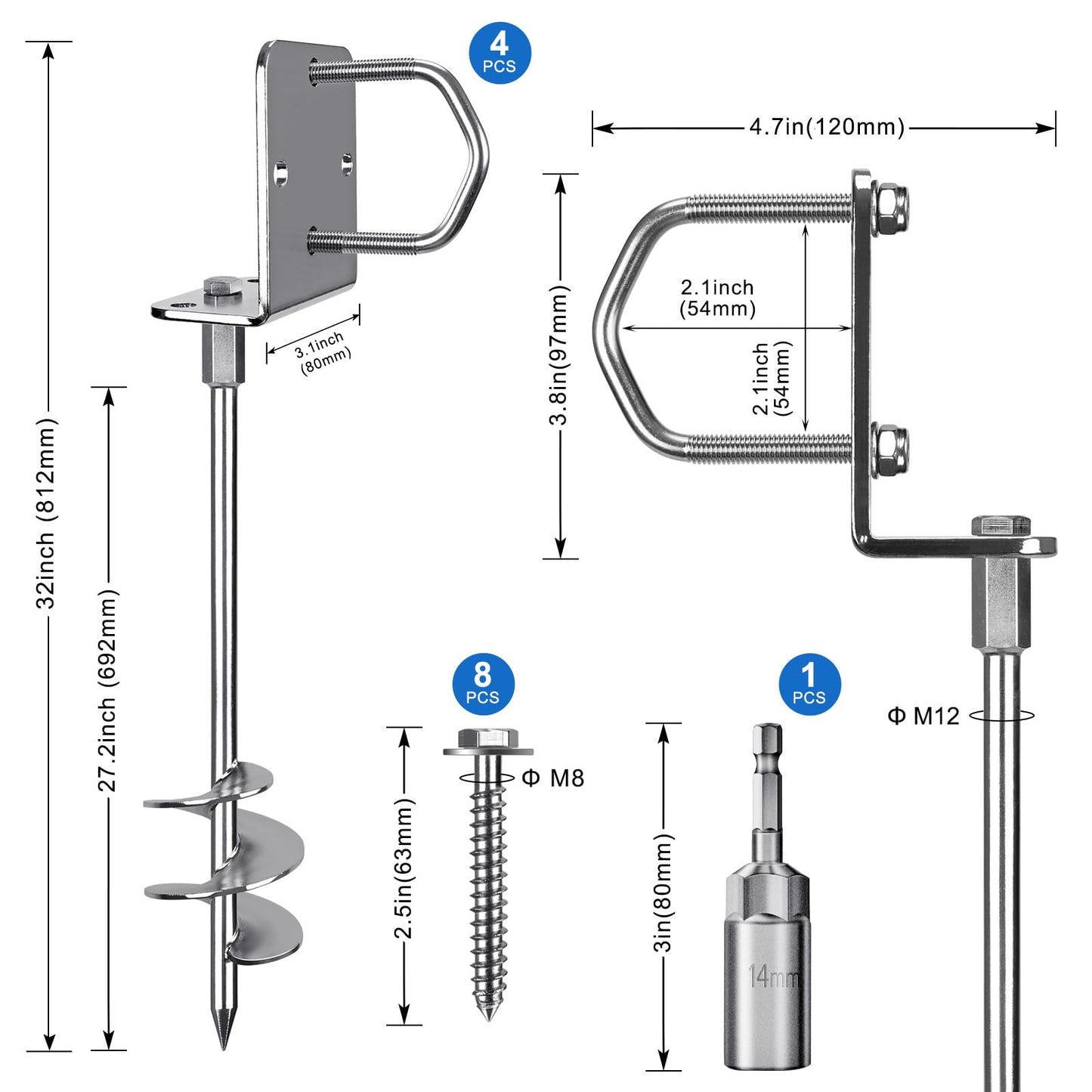 Lifeswell 30" Heavy Duty Screw in Ground Anchors Kit, 3" Spiral Windproof Earth Anchors for Trampoline, Shed, Swing Set & Mobile Home, Fully Welded Steel with Nut Driver Drill Bit (Set of 4)