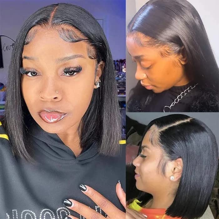 Qangelabeauty Short Bob Wig Human Hair 13x4 Frontal Bob Wigs Human Hair Pre Plucked wigs for Black Women Bob Lace Front Wigs Human Hair 10 Inch 180% Density with Baby Hair Natural Color