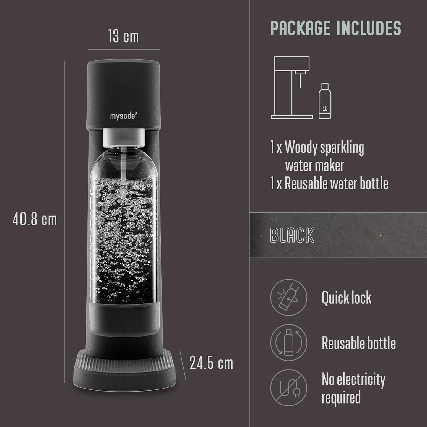 Mysoda Woody Sparkling Water Maker - Soda Streaming Machine Silent Carbonated Water Machine Robust Long-Lasting Aluminium Soda Maker 1L Water Bottle Without CO2 Cylinder - Black Soda Machine