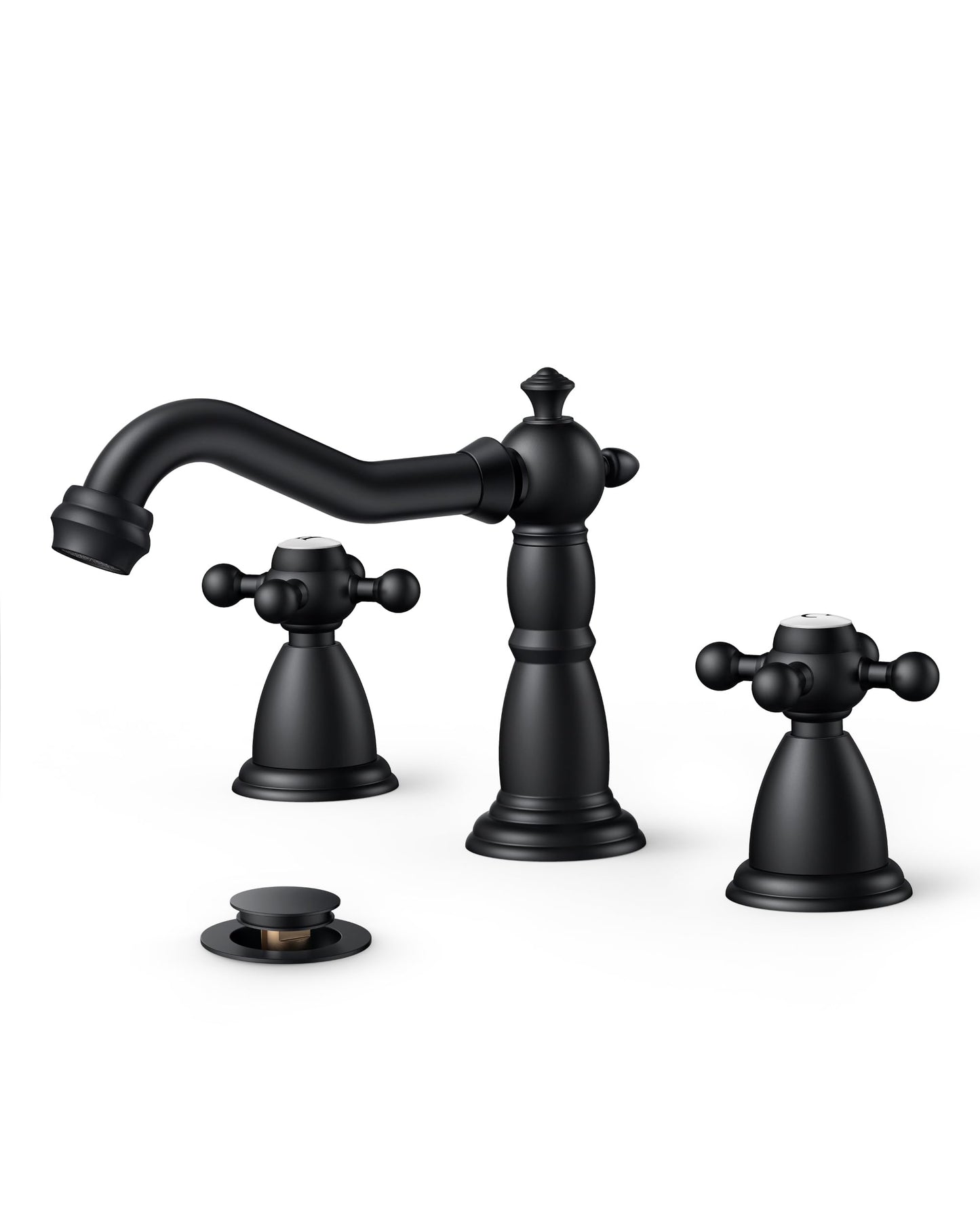 FORIOUS Matte Black 3 Hole Brass Vintage Farmhouse Bathroom Faucet, 8 Inch Widespread Bathroom Faucets 2 Cross Handles with Metal Pop Up Drain and Supply Hoses, for RV Vanity