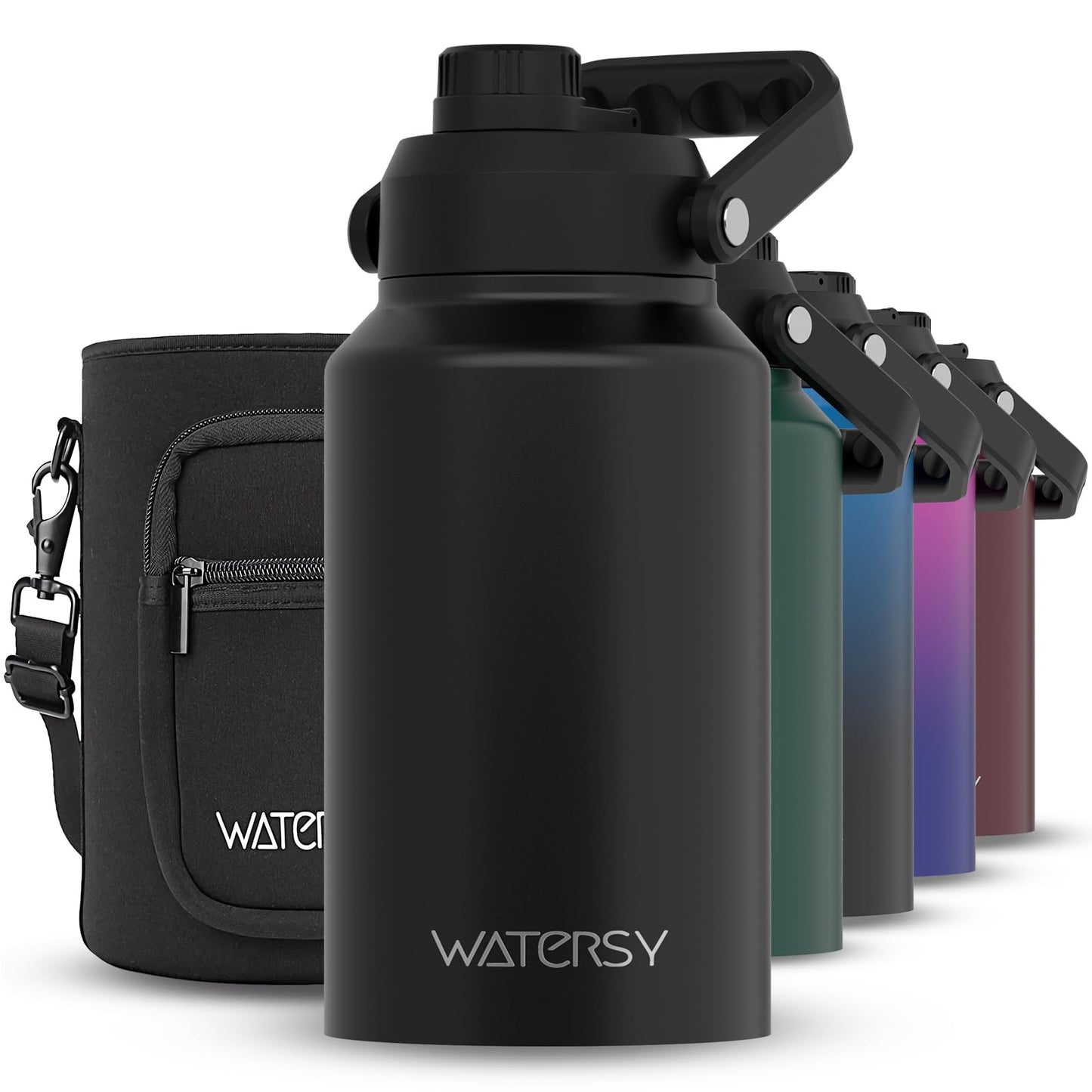 WATERSY 1.5 Gallon Water Bottle Insulated(Cold for 48 Hrs),BPA Free&Leak Proof,196oz Stainless Steel Water Jug,Big thermos,Large Water Bottle with Handle for Gym,Hiking,Camping&Travel,Black
