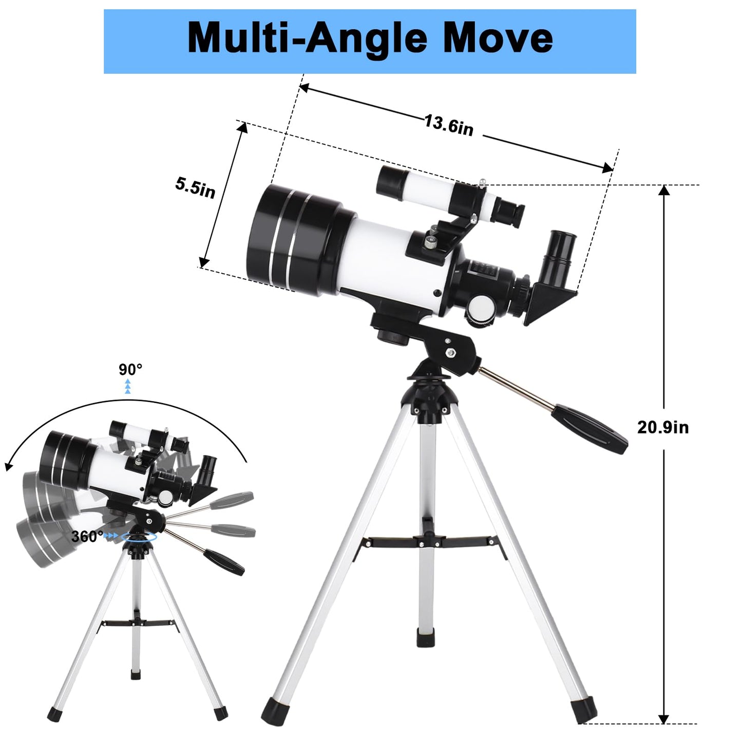 Telescope for Adults & Kids, 70mm Aperture 300mm Refractor Telescope, Portable Travel Refractor Telescopes for Astronomy Beginners with Tripod, Phone Adapter