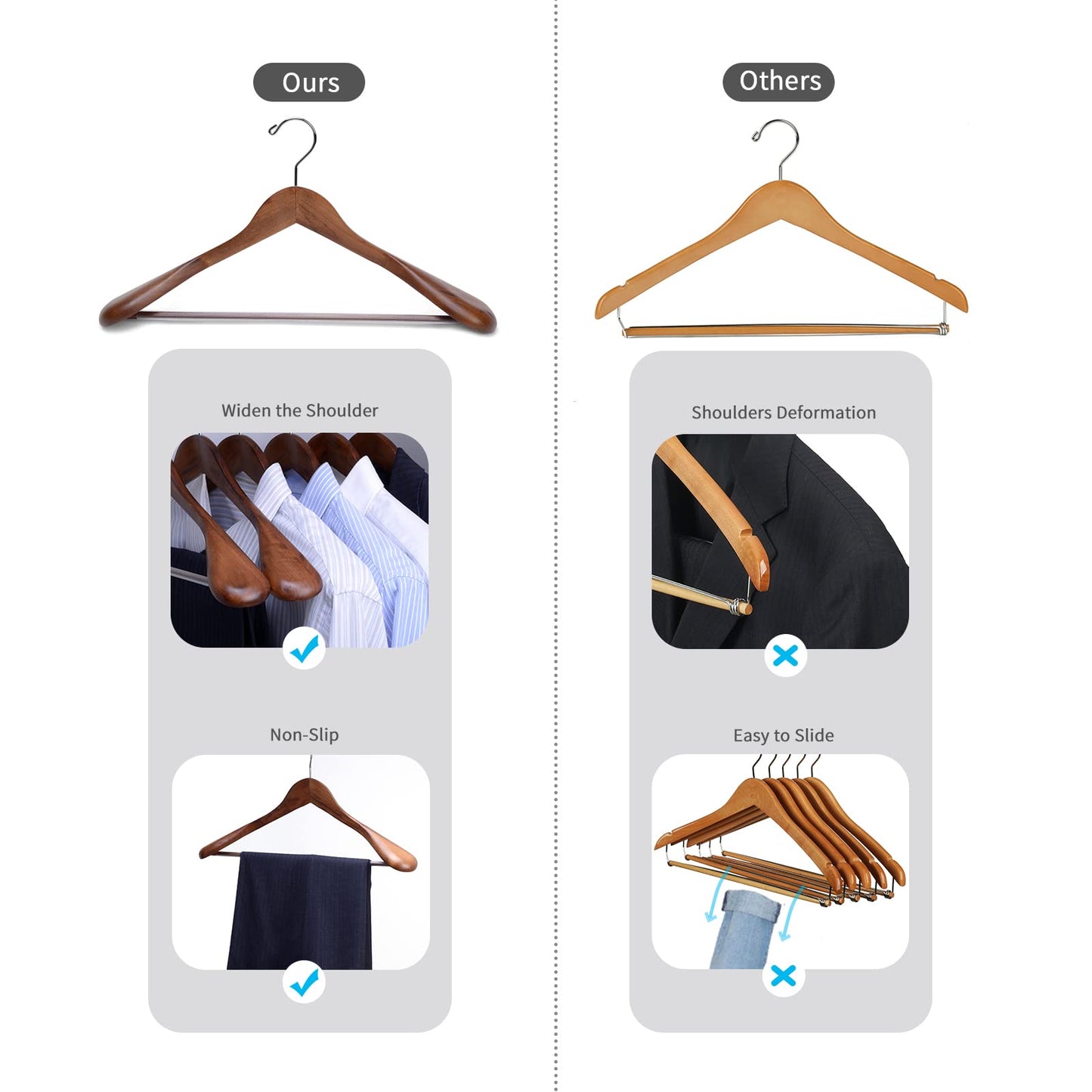 Nature Smile Luxury Wooden Suit Hangers 12 Pack Wood Coat Hangers Jacket Outerwear Shirt Hangers,with Extra-Wide Shoulder, 360 Degree Swivel Hooks & Anti-Slip Bar with Screw(Retro Color)