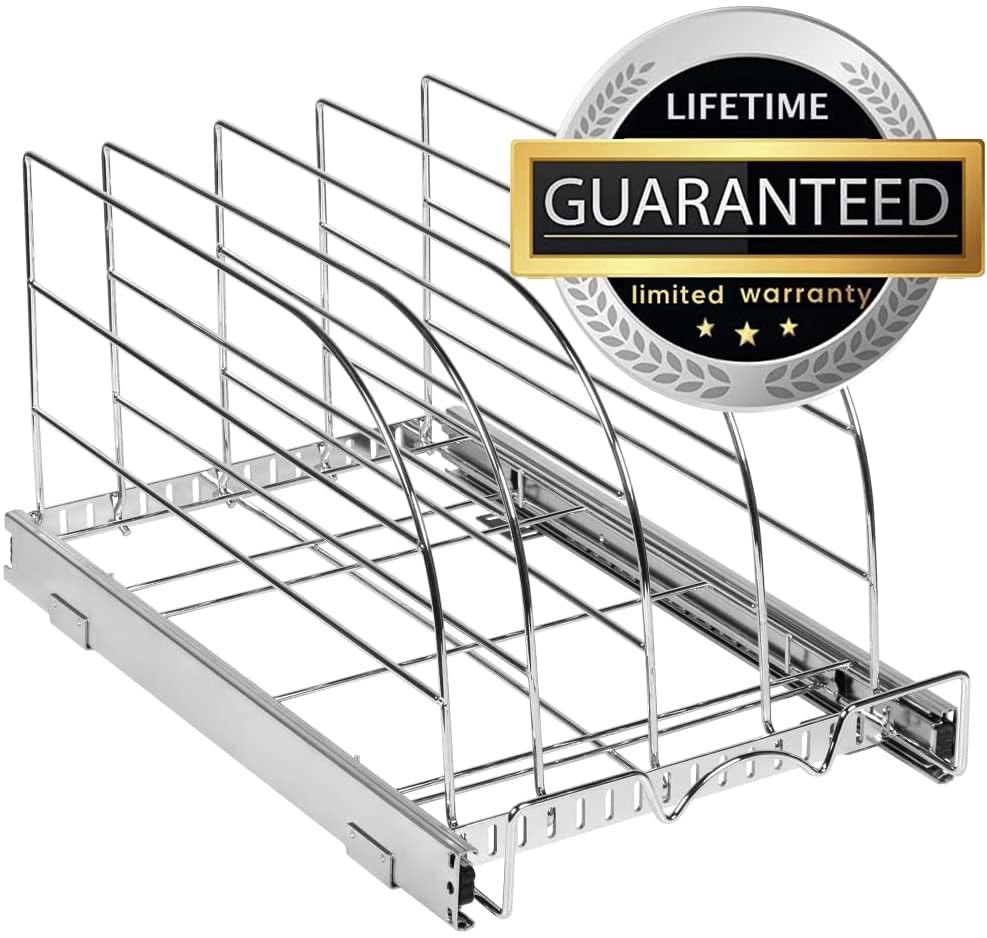 HOLDN’ STORAGE Pull Out Organizer for Bakeware, Cutting Board and Trays, Adjustable Dividers - Heavy Duty, Lifetime Limited Warranty - For Narrow Cabinet Spaces, 12.5”W x 21”D x 11”H, Chrome