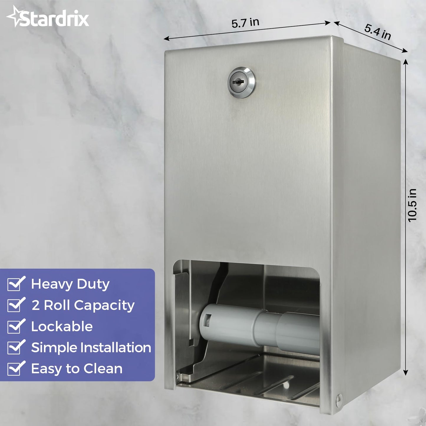 Stardrix 2 Roll Stainless Steel Commercial Toilet Paper Dispenser, Heavy Duty Wall Mount Tissue Holder with Lock for Restroom/Bathroom