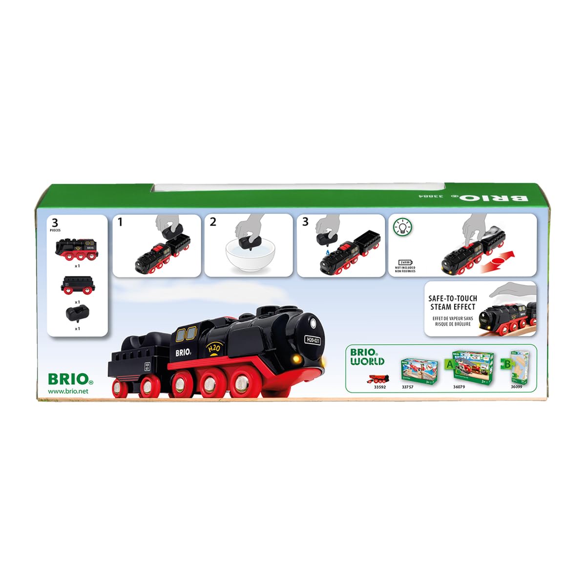 BRIO World Battery-Operated Steaming Train - 3-Piece Motorized Train Engine for Wooden Track with Lights and Kid-Friendly Steam - Interactive Play with Forward/Reverse - for Kids 3 & Up