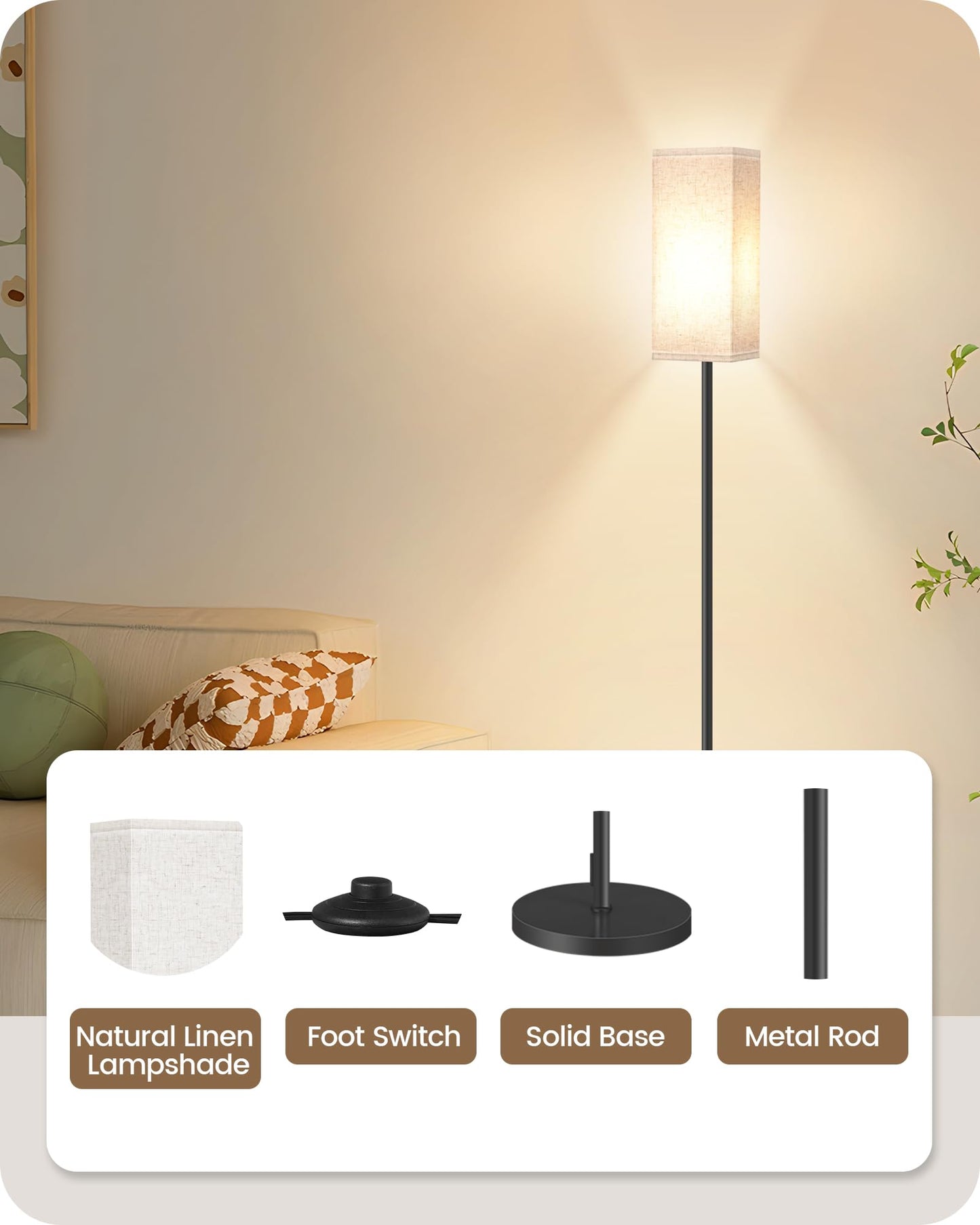 GOEBLESON 2 Pack Floor Lamp, Pole Lamp with Foot Switch, Modern Standing Lamp Lampshade, Minimalist Freestanding Lamp (Bulb Not Included), for Living Room, Bedroom Office, Black and Beige E07LDP205