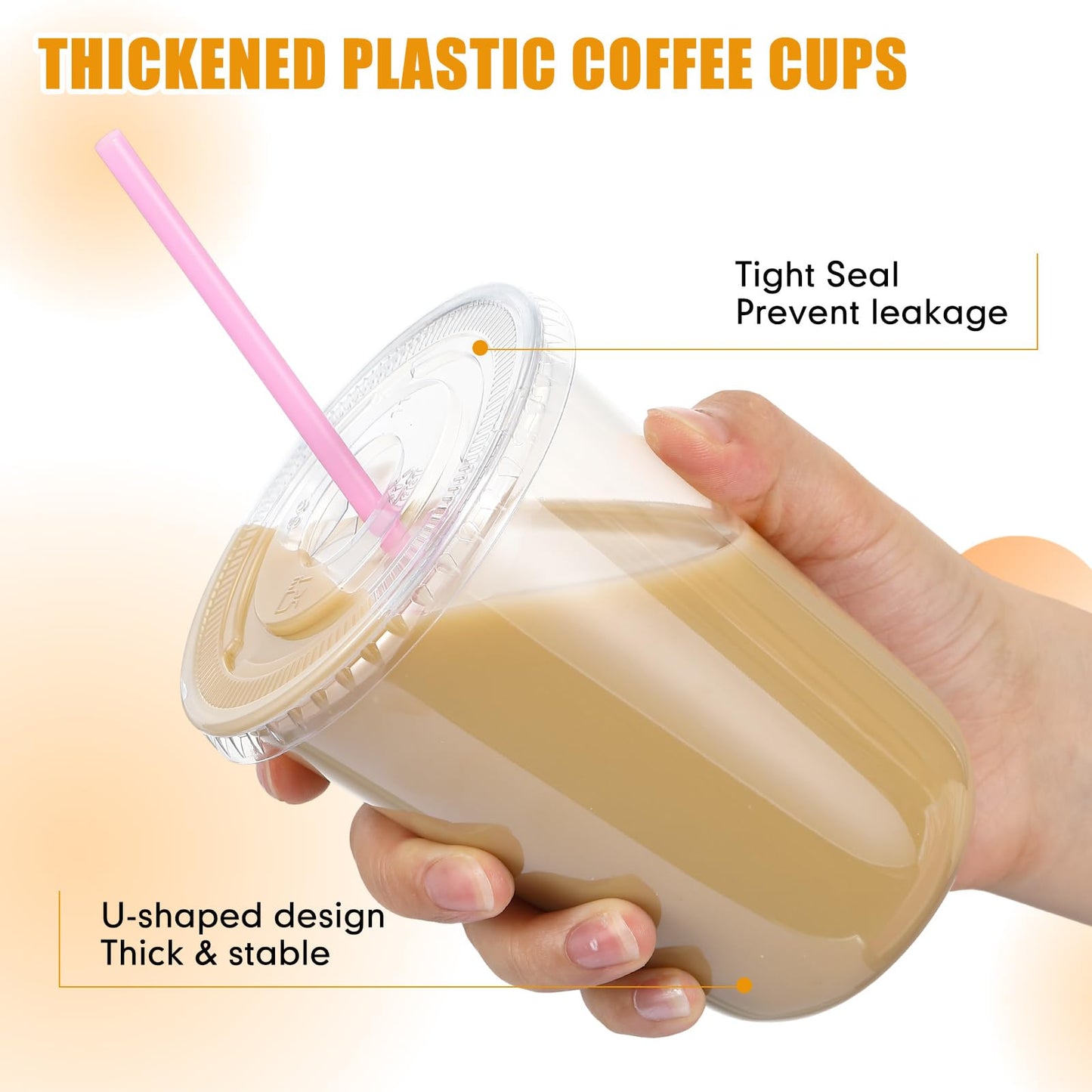 Ziliny 100 Pack 16 oz Clear Plastic Cups with Lids and Straws Disposable Iced Coffee Cups Round Bottom To carry Cup for Coffee Smoothie Cold Drinks Juice Milkshake Tea (Pink)