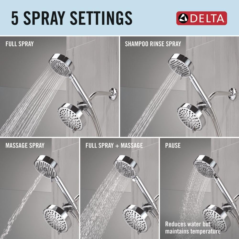 Delta Round 2-in-1 Dual Shower Head with 4-Setting HandHeld Spray, Chrome Detachable Double Shower Head with Hose, Showerhead, 1.75 GPM Flow Rate, Chrome 75756