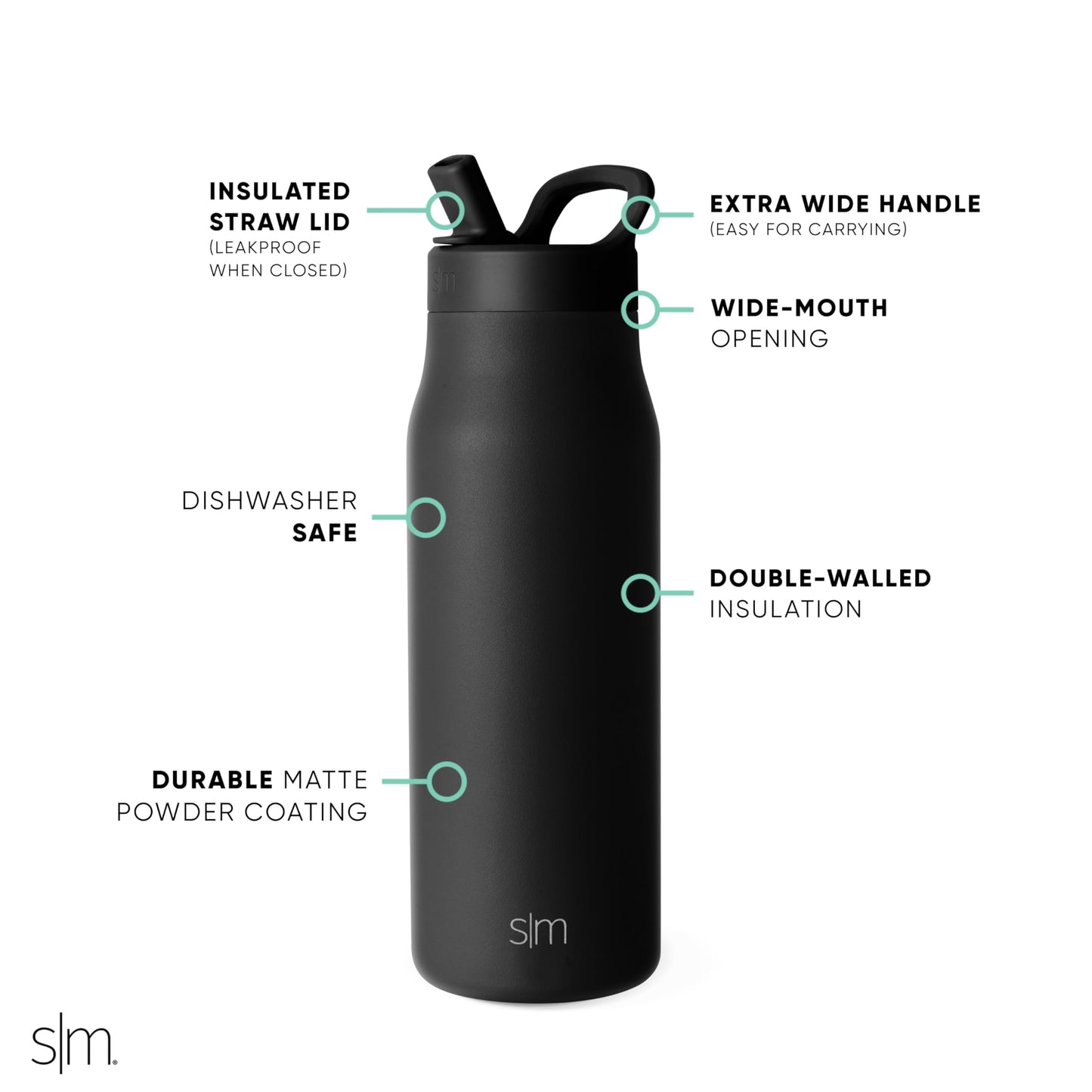 Simple Modern Water Bottle with Straw lid | Insulated Stainless Steel Thermos | Reusable Travel Water Bottles for Gym & Sports | Leak Proof & BPA Free | 34oz, Midnight Black