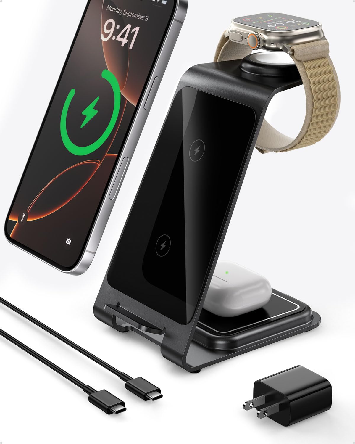 Intoval 3-in-1 Wireless Charging Station for iPhone 16 Pro/16/16 Pro Max/15 Pro/15/15 Pro Max/14 Pro/14/14 Pro Max, for Apple Watch 10/Ultra 3/SE/9/8/7/6/5/4/3/2, for AirPods 4/Pro/Pro 2/3 (Y93, Grey)