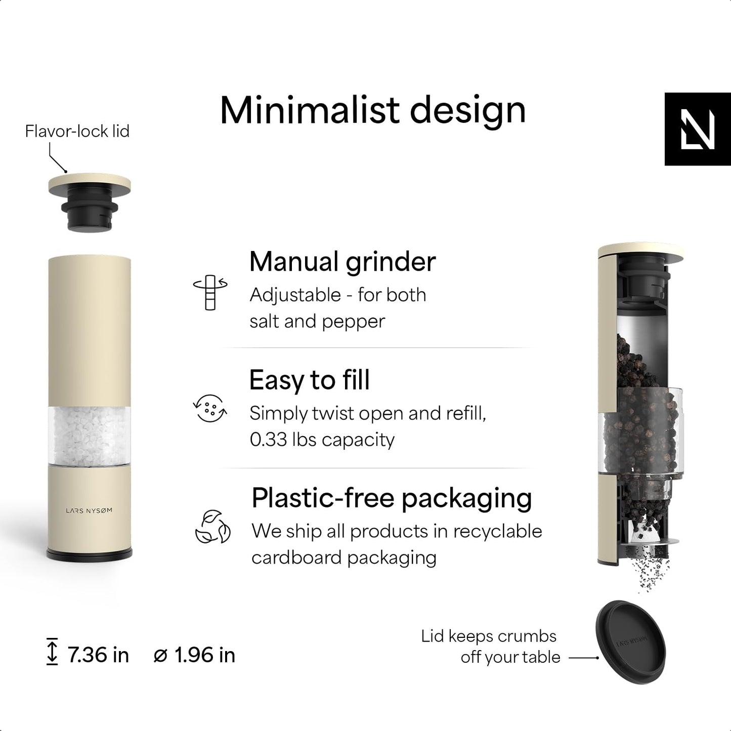 LARS NYSØM Salt and Pepper Grinder Set 2 pieces I Salt Pepper Mill with Adjustable Ceramic Grinder I Design Spice Grinder Set Manual (Stainless Steel)