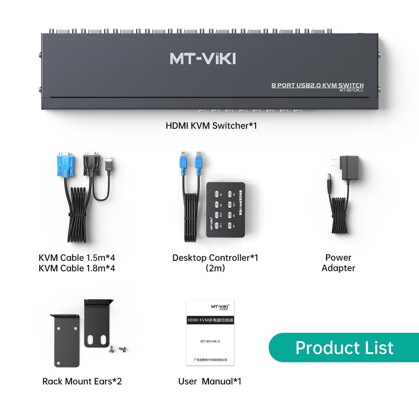 MT-VIKI KVM Switch 8 Port, 8X1 Rackmount KVM Switch VGA, Included 8 2-in-1 KVM Cables & Wire-Desktop Selector & Power Adapter, Fit 1U 19'' Rack