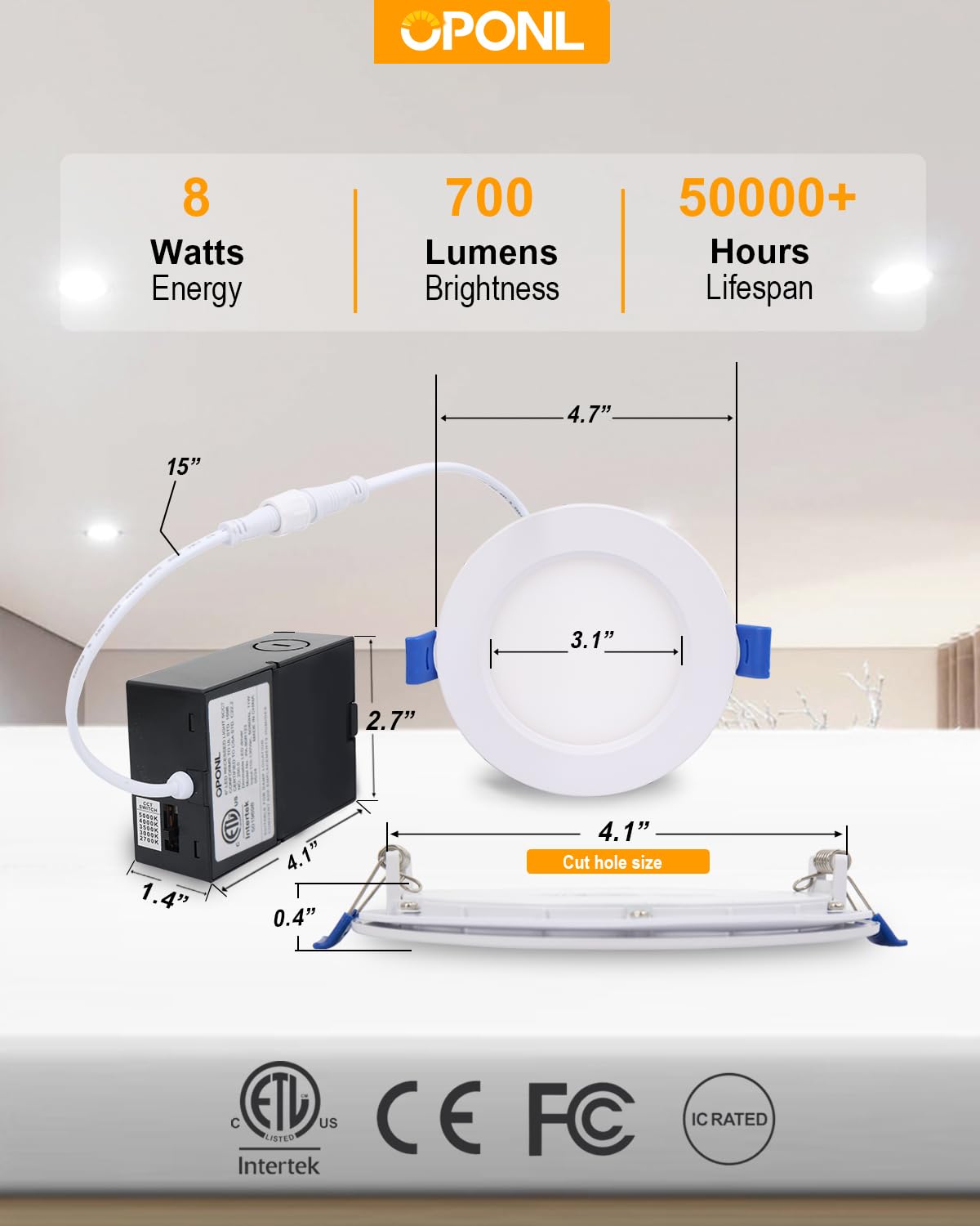 OPONL 12 Pack LED Recessed Lighting 4 Inch with Junction Box, 5CCT Ultra-Thin Recessed Light, 700LM High Brightness, Dimmable Canless Wafer Downlight, 8W, FCC&ETL