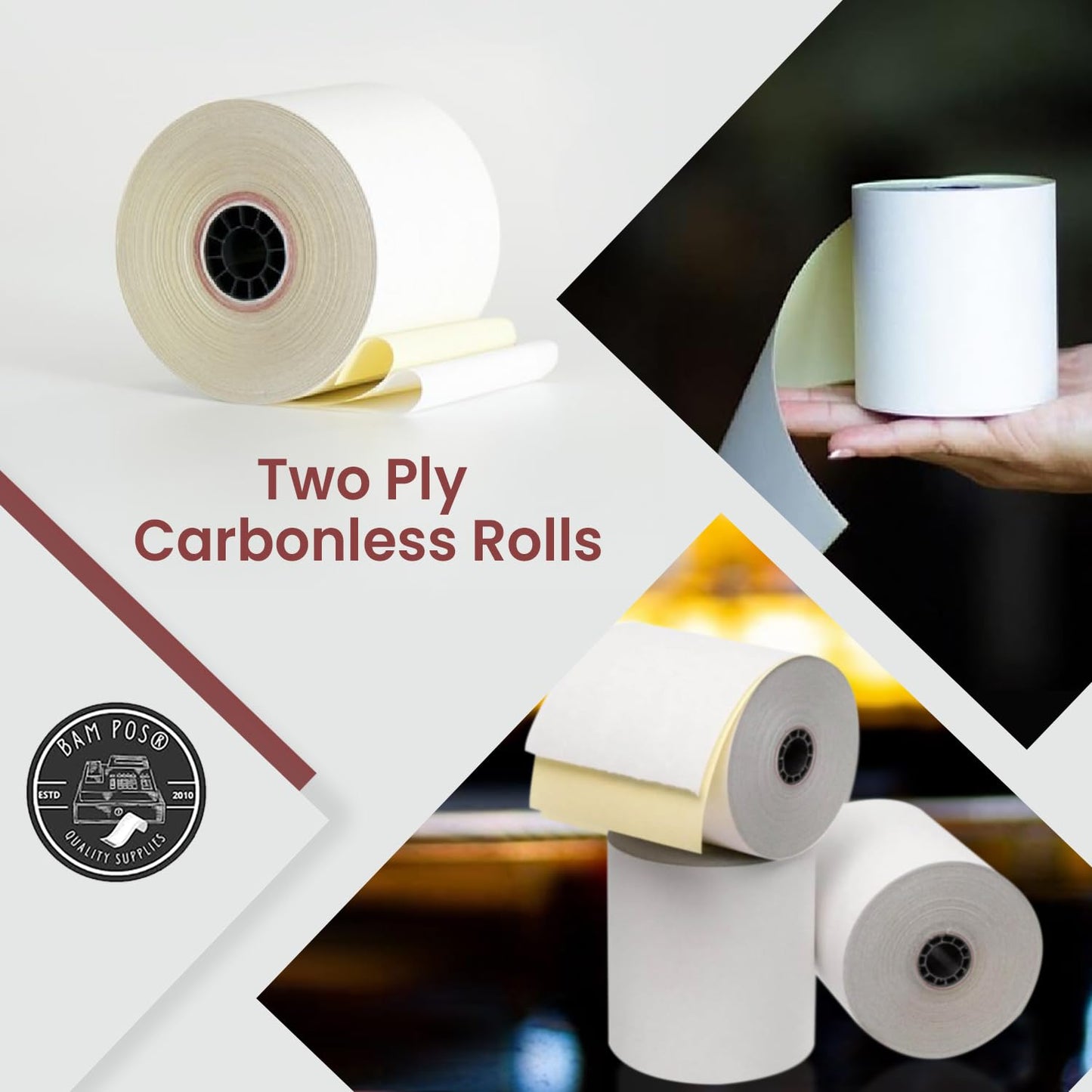 BAM POS Two Ply Carbonless Rolls - Easy to Install - Clear & Crisp Copies - White/Canary - 3” x 90 Feet (24 Rolls per Carton)