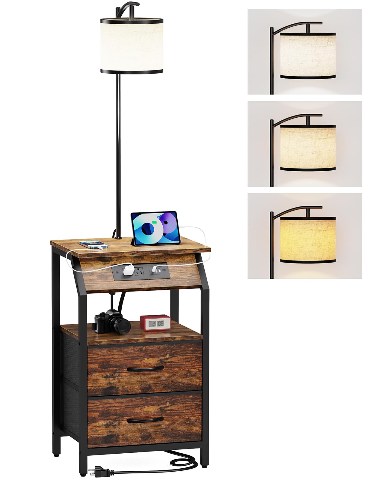 ZHNSYDN End Table with Floor Lamp, Nightstand with Charging Station, Floor Lamp Table with 3-Color Temperature Bulb, Bedside Table Night Stand with 2 Drawers for Bedroom, Living Room, Brown