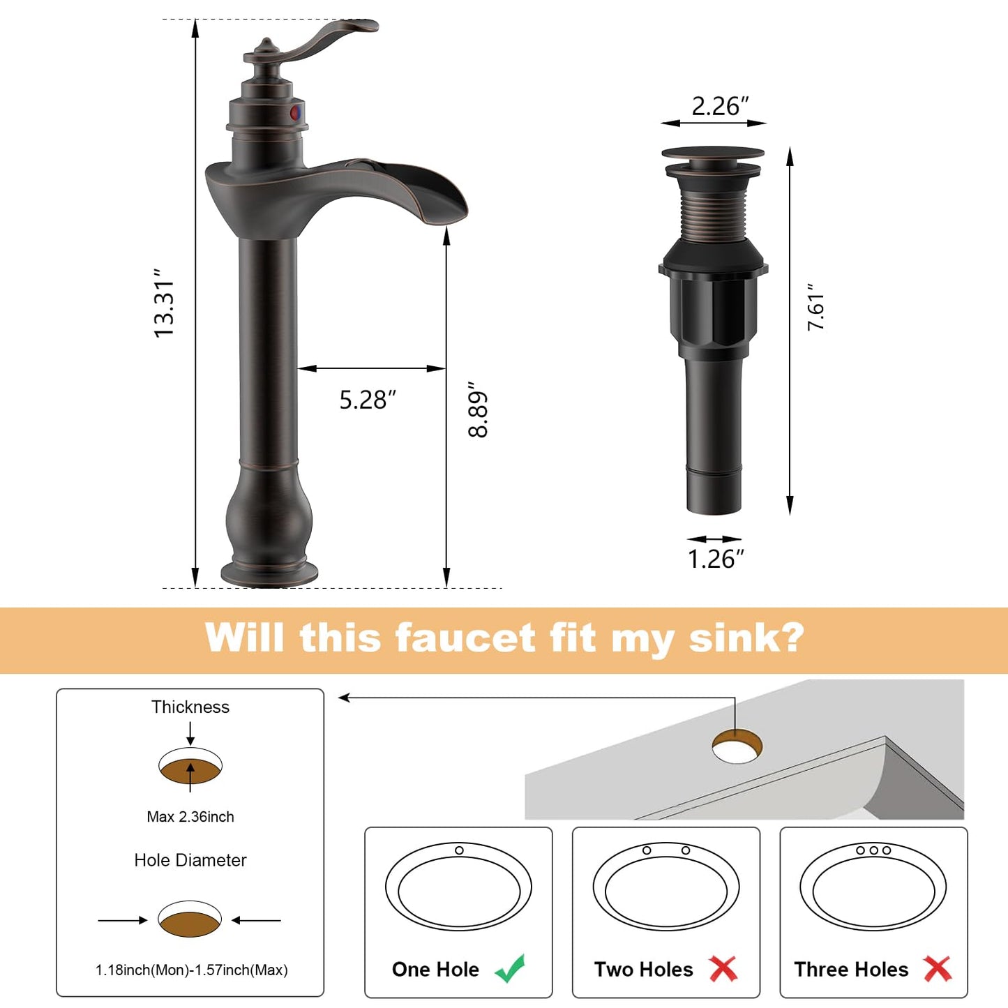 BWE Vessel Sink Faucet Oil Rubbed Bronze Bathroom Faucet with Pop Up Drain Assembly and Supply Hose Single-Handle Single Hole Tall Bathroom Faucet Vanity Lavatory Mixer Tap Tall Body